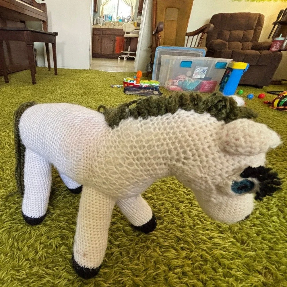 Handmade Crochet Horse Plush White Green Mane Amigurumi Folk Art Pony 12